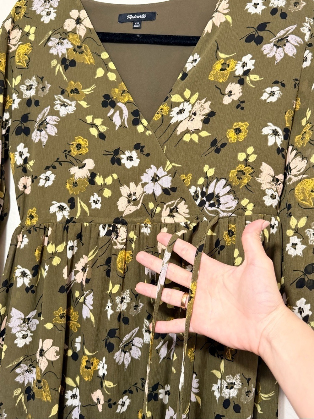 Madewell Olive Green Floral Long Sleeve Midi Dress - Picture 6 of 7